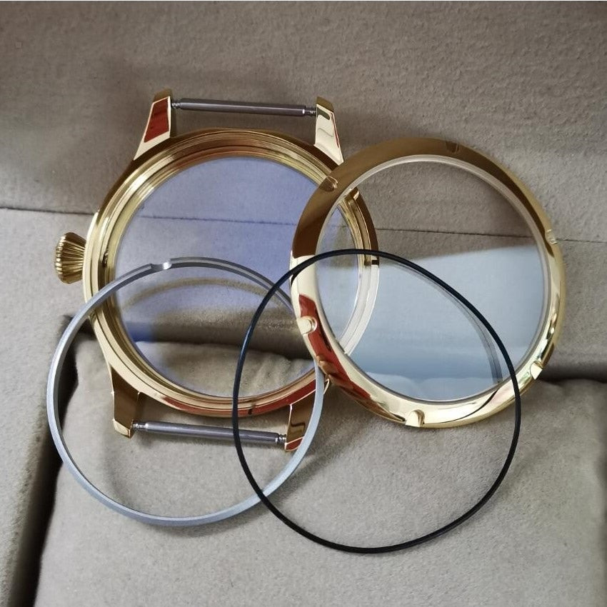 Caixas de relógio de 44 mm em aço inoxidável 316L de alta qualidade com revestimento em ouro de 18K adequadas ao movimento de corda manual ETA 6497/6498 ST3600/3621 018