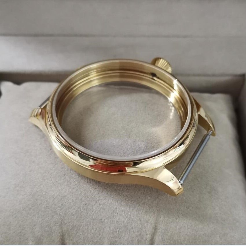 Caixas de relógio de 44 mm em aço inoxidável 316L de alta qualidade com revestimento em ouro de 18K adequadas ao movimento de corda manual ETA 6497/6498 ST3600/3621 018